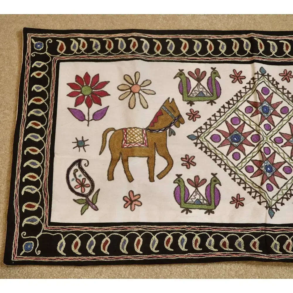 Indian Hand Embroidered Mirror Work Table Runner Wall Hanging Textile